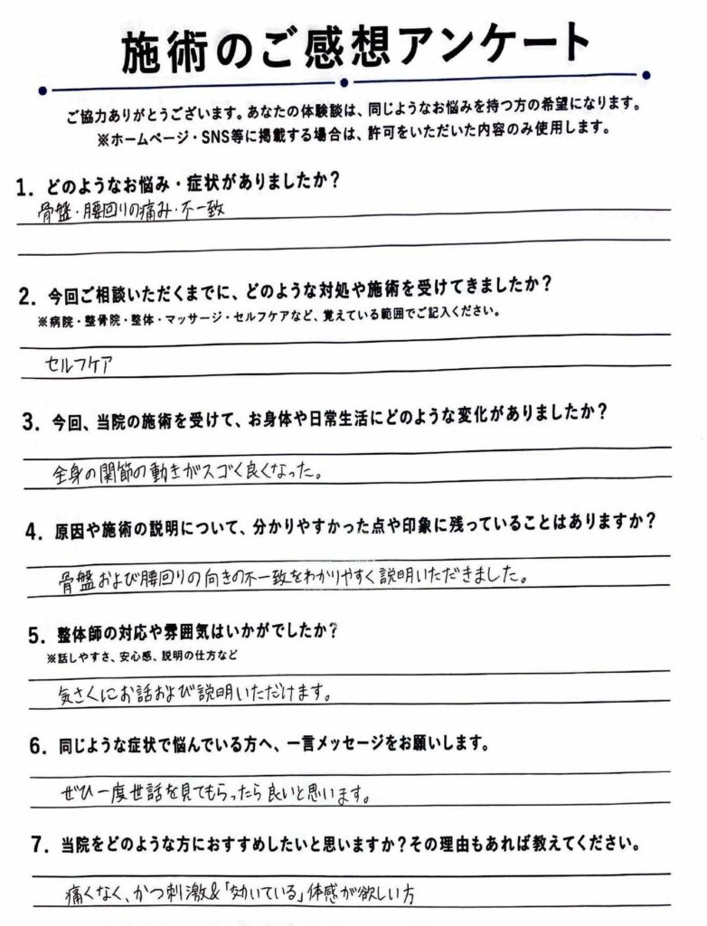 お客様の手書きアンケート。「全身の関節の動きがすごく良くなった」とのご感想