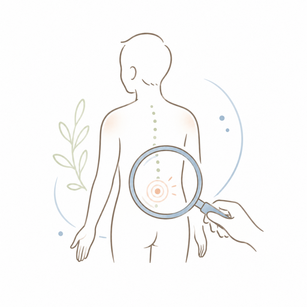姿勢や動きをルーペで確認する人のイラスト