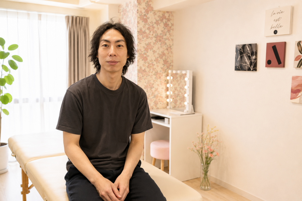 整体院Rの施術者がレンタルサロンでお客様を迎える前に座っている様子