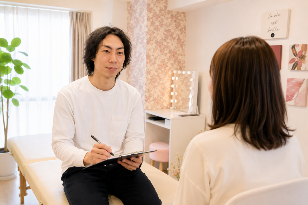 整体院Rの施術者がお客様の話を聞きながらカウンセリングしている様子