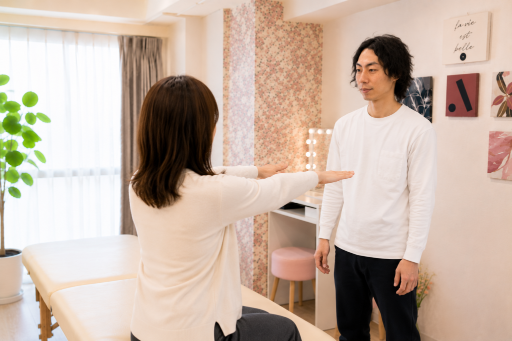 整体院Rで肩の動きを確認するために腕を上げる検査を行っている様子