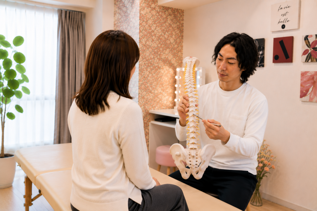 整体師が骨格模型を使いながら、施術後の身体の状態や今後のケアについて説明している様子